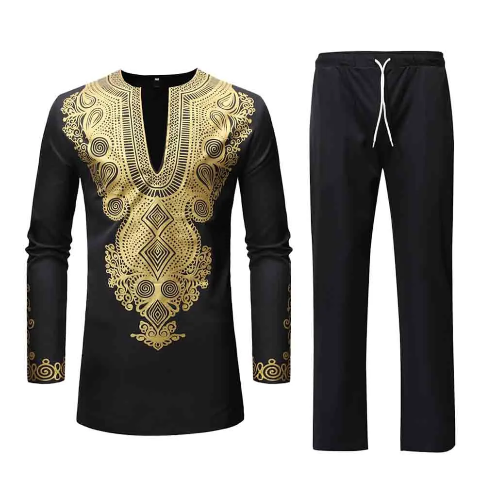 Men Sets African Dashiki Clothing Cotton Spring Casual Tracksuit Male V Neck Tshirt Pants African Mens Costume Suit Mar6