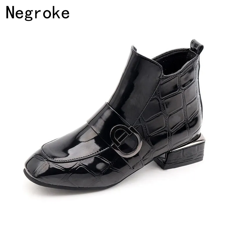 2018 Designer Zapatos Mujer Winter Boots Women Low Heel Shoes Woman Shiny PU Leather Botines Femme Ankle Boots Botas Femininas