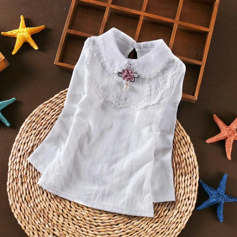Autumn White Girls Blouse Shirts Baby Teen School Girl Lace Tops Long Sleeve Kids Cotton Shirt Children Clothes 6 8 10 12 Years