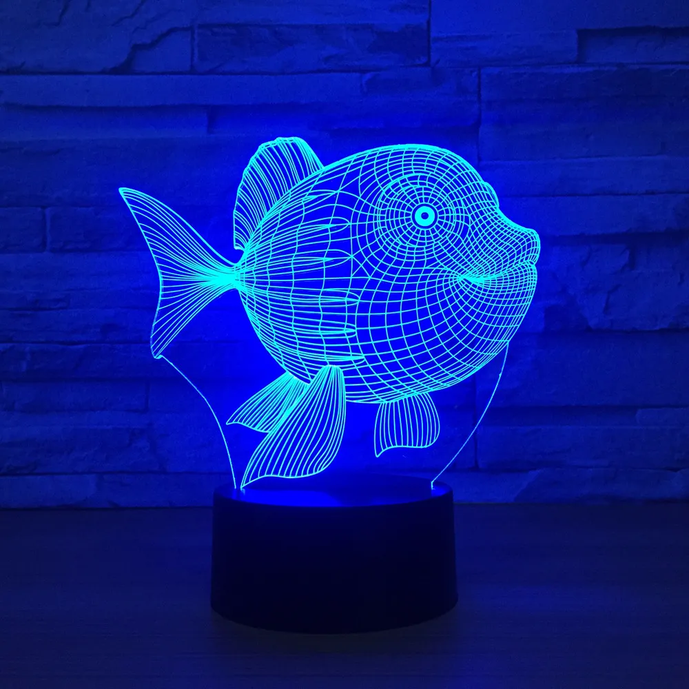 Luce notturna 3D alimentata tramite USB Pesce Luce notturna a LED 3D Interruttore tattile a 7 colori Luci a LED Lampadario in plastica Atmosfera Novità Illuminazione