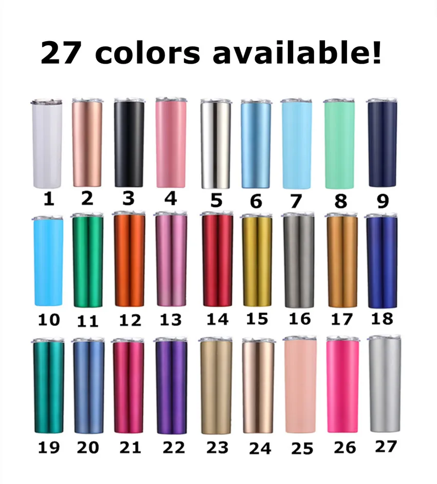 Bicchieri skinny da 20 once 27 colori in stock Tazza da caffè Bicchieri in acciaio inossidabile sottovuoto a doppia parete Isolamento Bottiglia per tazza senza soluzione di continuità A02