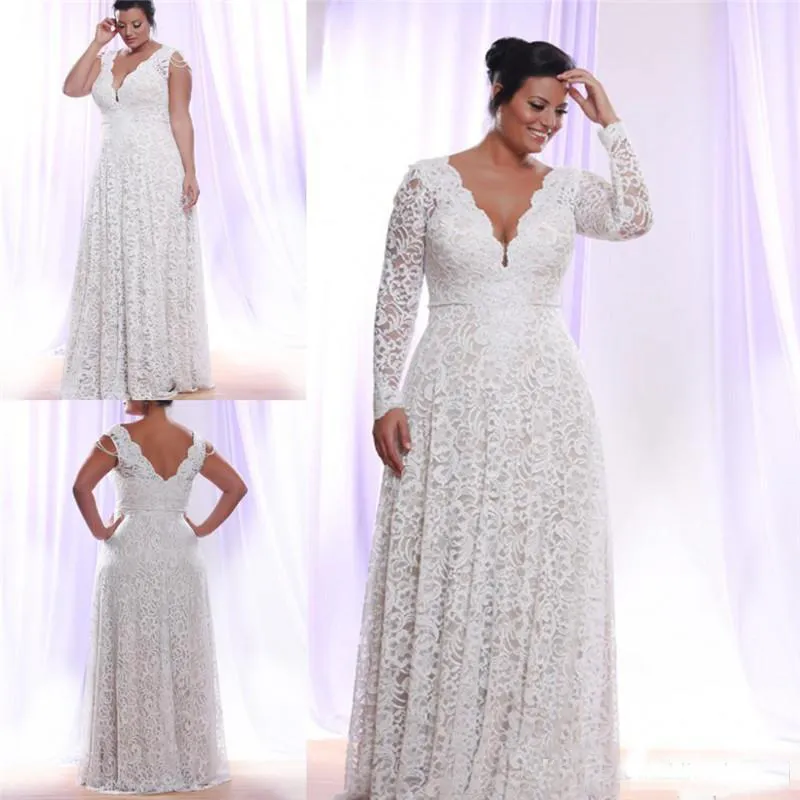 Cheap Full Lace Plus Size Wedding Dresses With Removable Long Sleeves Deep v Neck Bridal Gowns Beach Floor Length robe de mariee