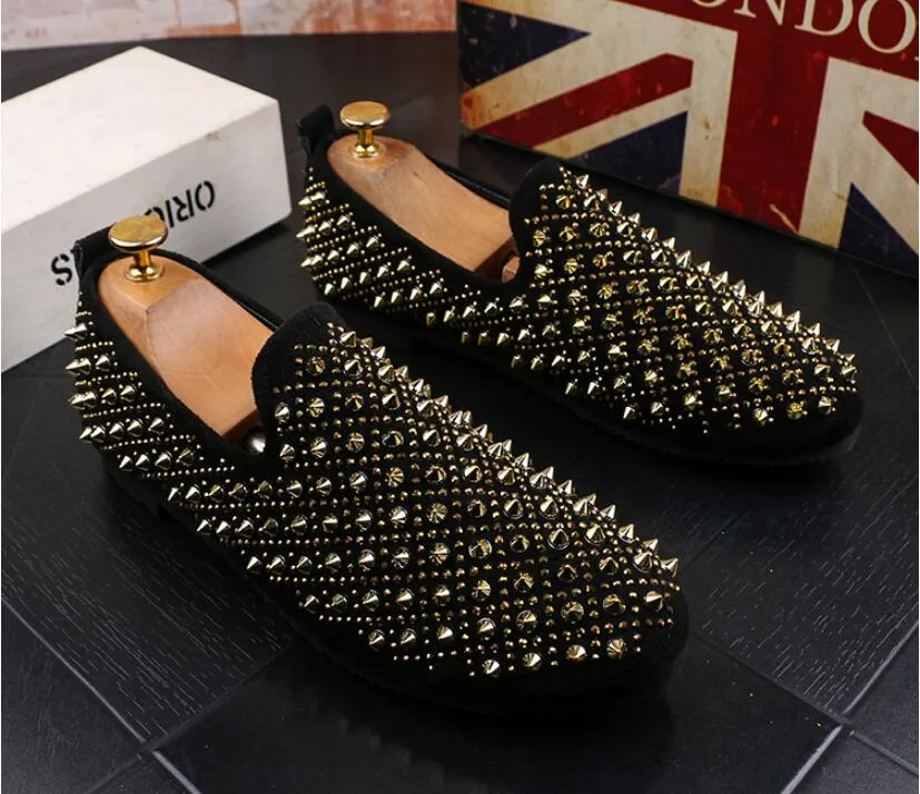 Men`s Shoes Luxurys gold rivet Genuine Leather Casual Driving Oxfords Flats Shoes Mens Loafers Moccasins Italian Shoes