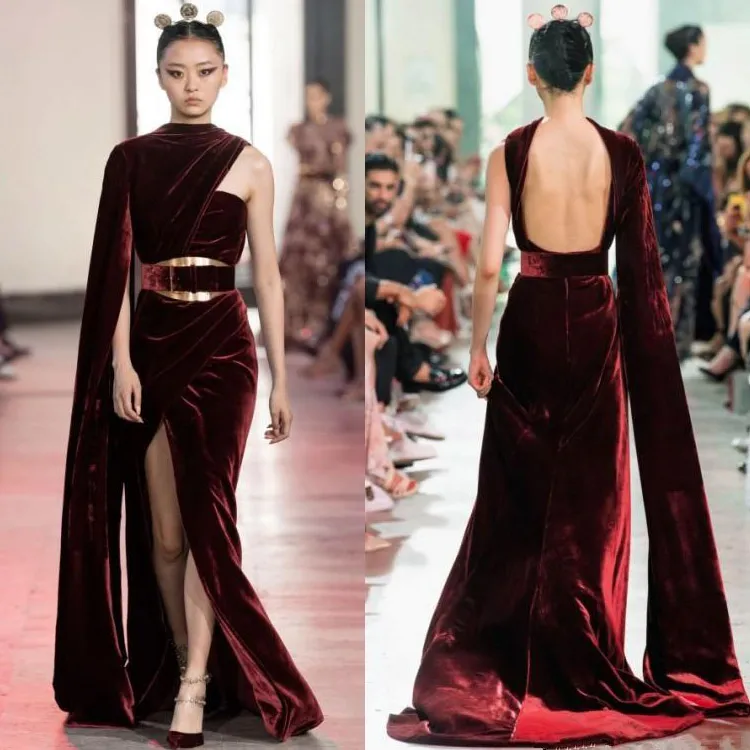 Elie Saab Velvet Evening Dresses 2020 One Shoulder High Split Formal Long Prom Crows Sexy Mermaid Custom Runway Fashion Dress