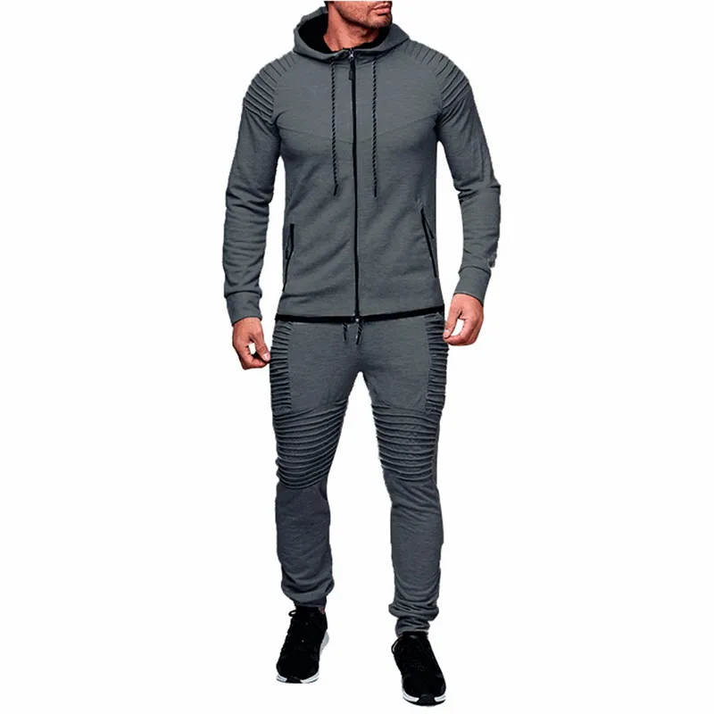 Laamei 2019 New Mens Spring Autumn Hoodies Tracksuit Set Male Zipper Pleated Sweatshirt Sweatpants High Street Jacket Sets M-3XL