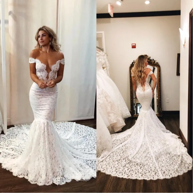 2022 elegantes vestidos de novia de sirena de encaje completo sexy sin espalda transparente con botones fuera del hombro tren largo vestidos de novia de novia BC176I