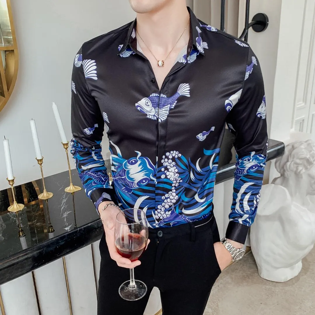 Camisa blanca a la moda para hombre camisas de vestir sociales negras de manga larga 2019 camisa de esmoquin ajustada para hombre estampado