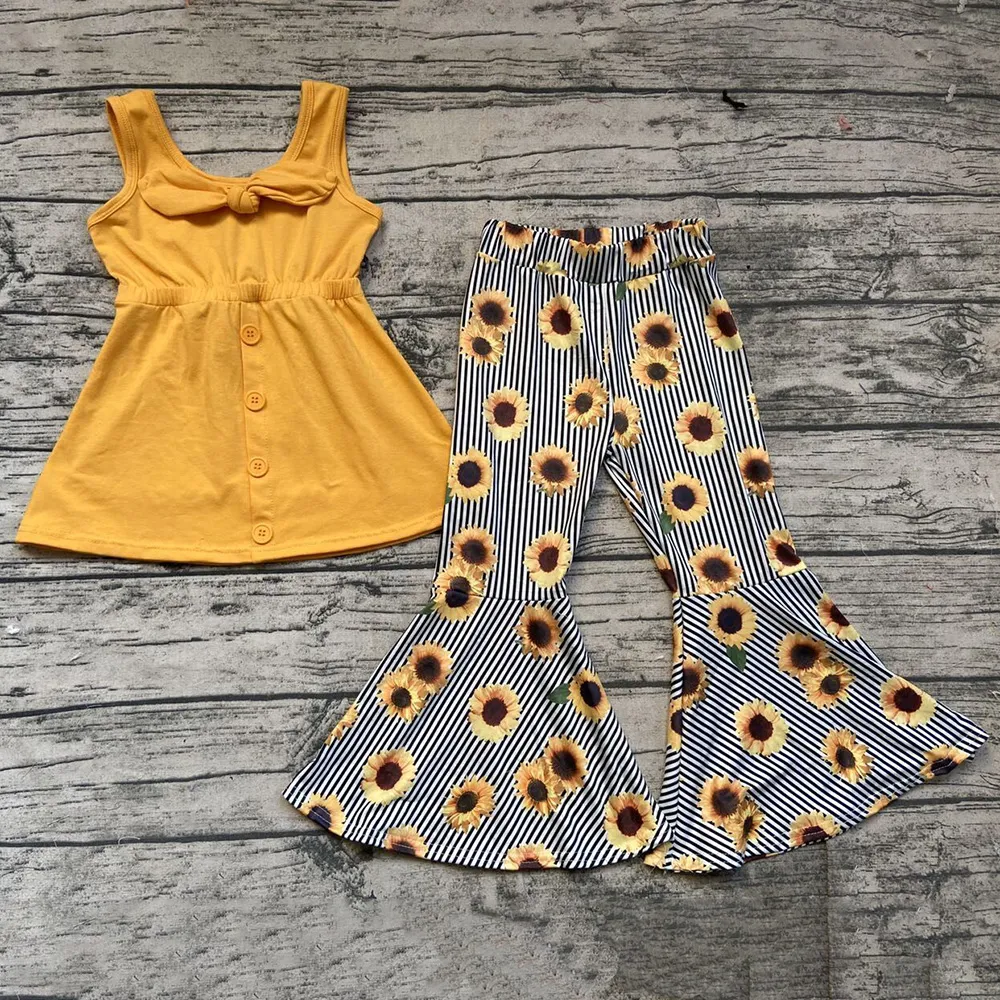 RTS Kids Designer Summer Boutique Toddler Baby Girls Clothes Sunflower Bell Bottom Outfits Leopard Print Pants Set