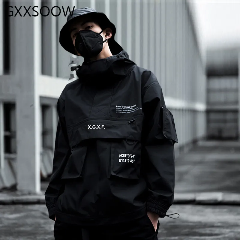 Męskie Kurtki Hiphop Cargo Mężczyźni Czarna Streetwear Tactical Jacket and Coat Multi-Pocket Hoody Windbreaker Odzież GM370