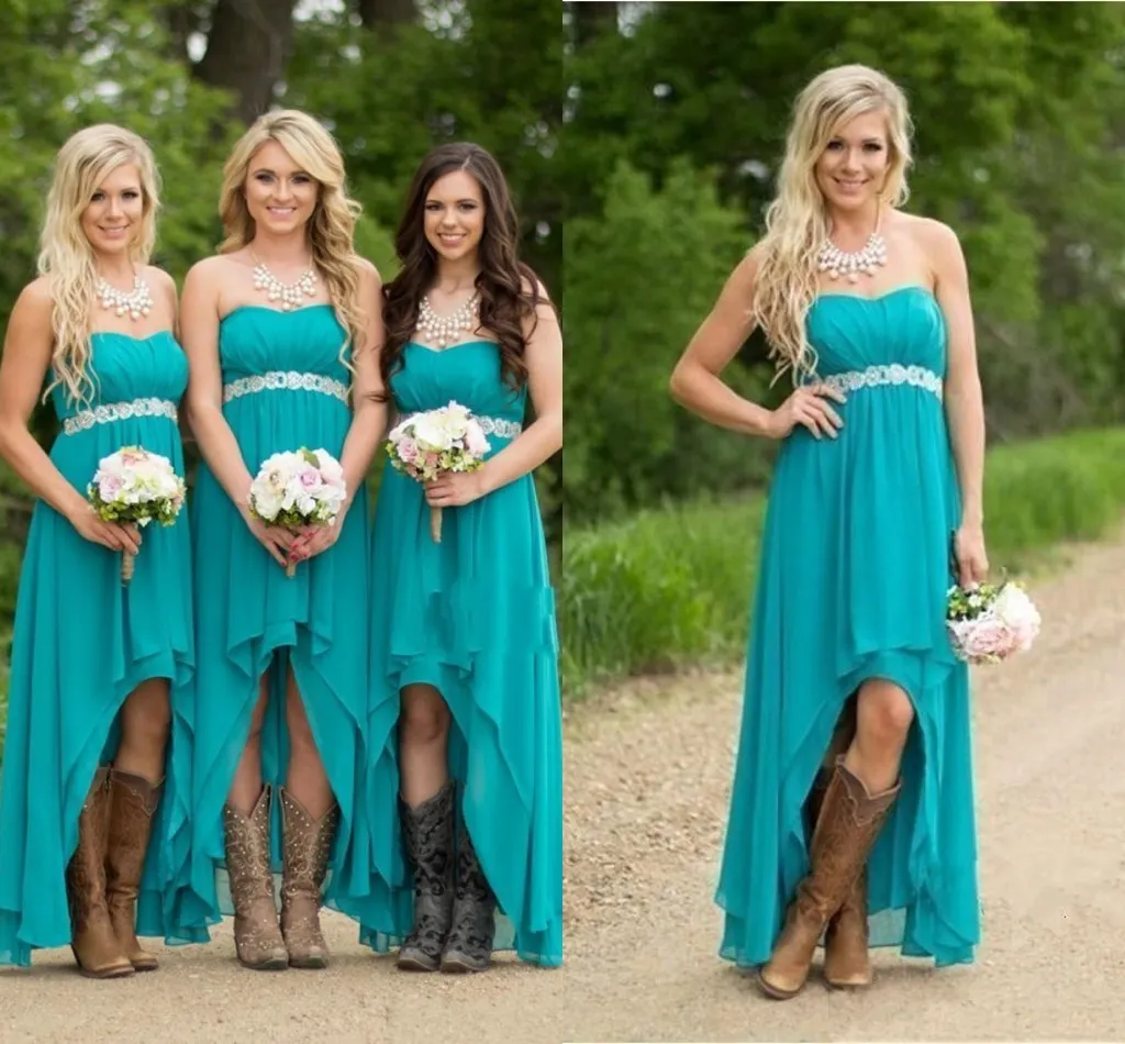 2020 Дешевые сексуальные Teal Country Bridesmaid Платья платья линии Милая Кристалл Кристалл Шифон Высокие Низкие Платья подружки невесты Для Свадьбы Гостевые платья