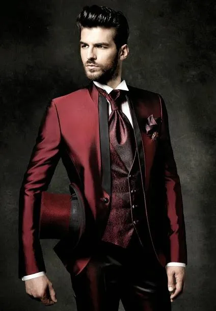 Mode Bourgondië Bruidegom Tuxedos Mandarijn Revers Groomsmen Mens Trouwjurk Uitstekende Man Jacket Blazer 3 Stuk Suit (Jas + Broek + Vest + Tie) 68