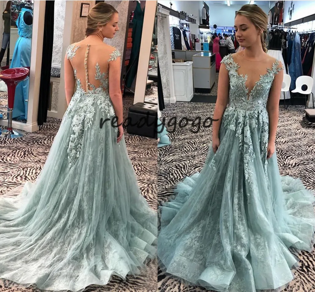 Elegant Powder Blue Prom Dresses Scoop Neck Cap Sleeves A Line Vestidos