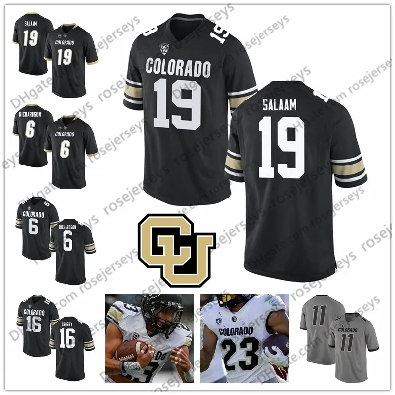 NCAA Colorado Buffaloes # 19 Rashaan Salaam 16 Mason Crosby 6 Paul Richardson 9 Juwann Winfree Noir Gris Blanc Maillots de football à la retraite 4XL