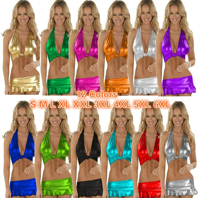 12 renkli kadınlar iki parçalı mini sutyen etek seti seksi metalik mayo yular bikini bayanlar yaz plaj kıyafeti direği dans kulüp giysileri