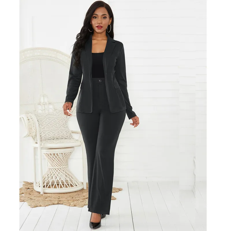 Spring Autumn Pant Suits Solid Color Suit 2 Piece Set For Women Business Slim Short Blazer+Straight Trousers Tailleur Femme