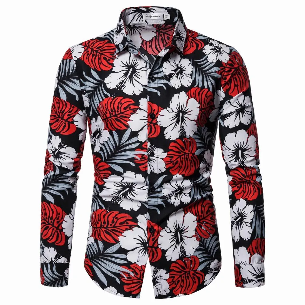 하와이나 망 셔츠 남성 블라우스 의류 해변 패션 캐주얼 드레스 꽃 남성 셔츠 긴 소매 새로운