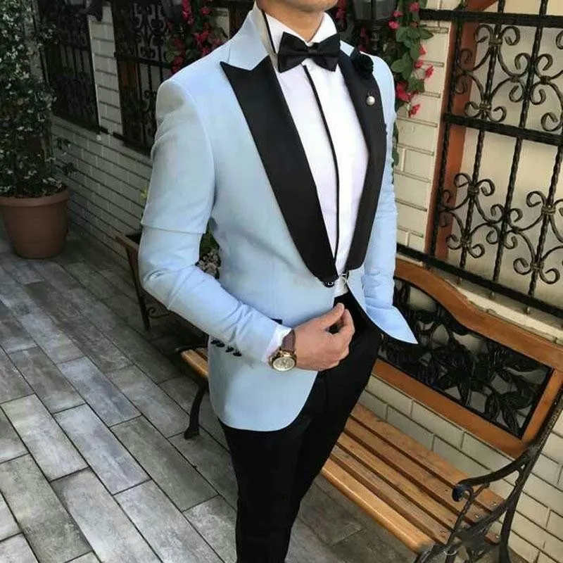 Handsome One Button Light Blue Groom Tuxedos Peak Lapel Men Suits 2 pieces Wedding/Prom/Dinner Blazer (Jacket+Pants+Tie) W868