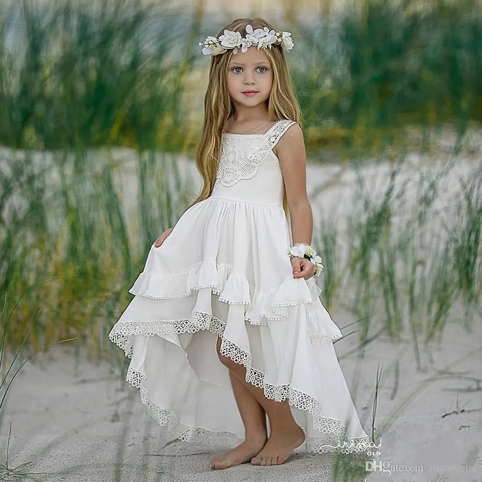 Bohemian High Low Flower Girl Dresses For Beach Wedding Pageant Gowns A Line Boho Lace Appliqued Kids First Holy Communion Dress F272p