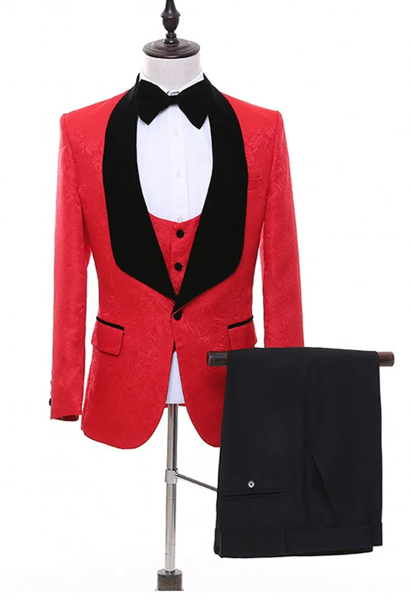 Tuxedos de marié Paisley rouge, châle noir, robe de mariée pour hommes d'affaires populaires, dîner d'affaires, blazer de bal (veste + pantalon + cravate + gilet) 1088