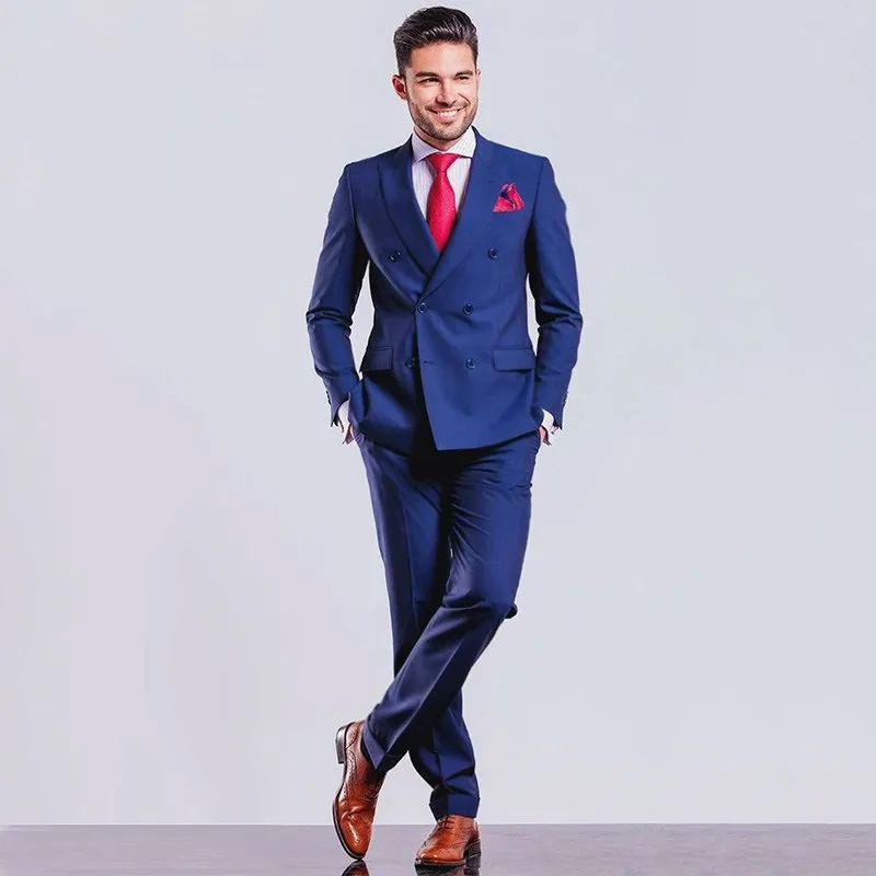 Classic Style Double-breasted Blue Groom Tuxedos Peak Lapel Män Passar 2 stycken Bröllop / Prom / Dinner Blazer (Jacka + Byxor + Tie) W788