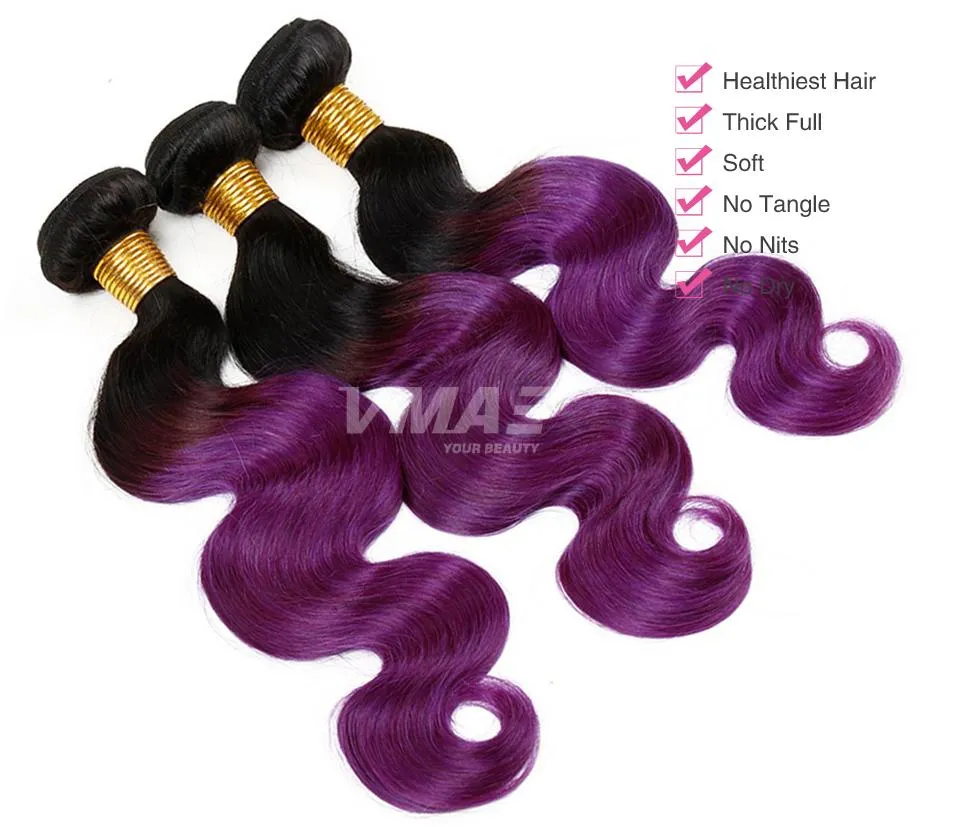 Vmae ombre 1b fioletowy brazylijski włosy 3 wiązki fioletowy ombre włosy brazylijski ciało fala ombre rozszerzenia czarny i fioletowy fala ciała