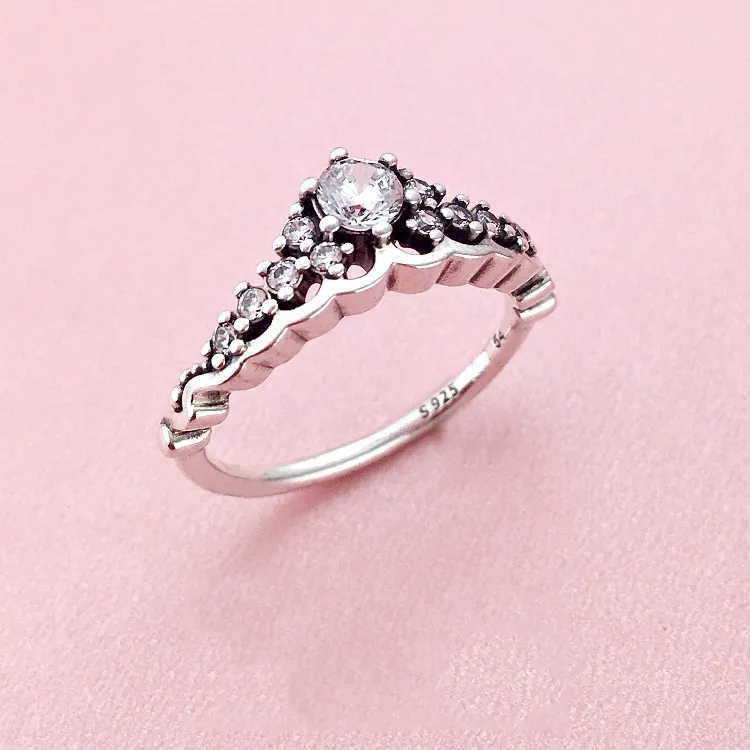Wholesale-Fashion Women Fairy crown Rings with Original Gift Box for Pandora 925 Sterling Silver CZ Diamond Ring Set