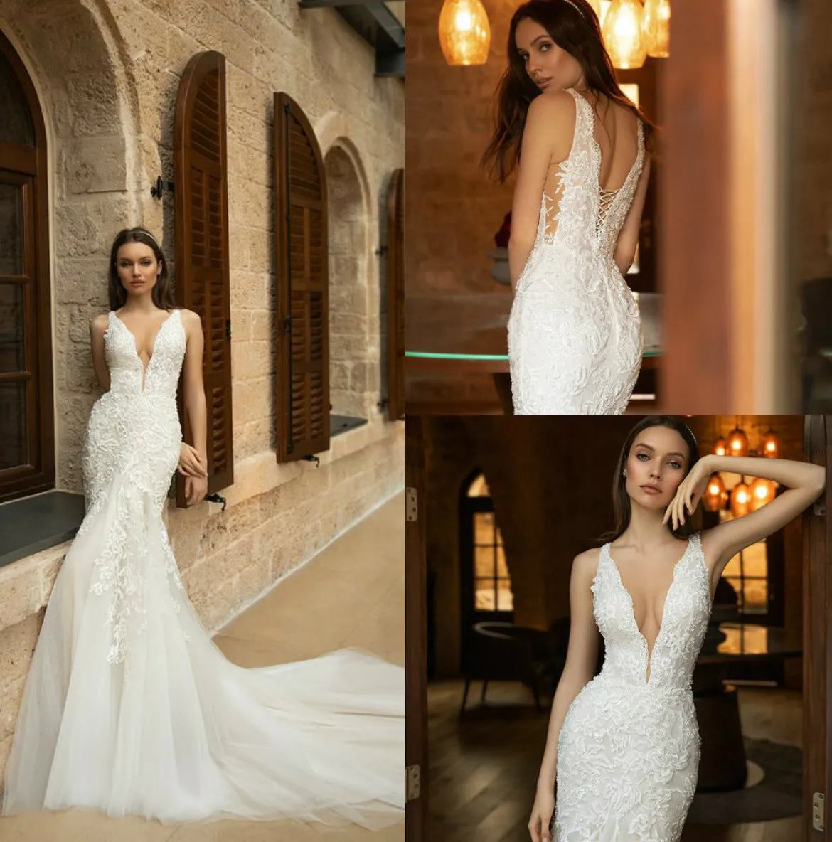 2022 Robes De Mariée Sirène Sexy Col En V Sans Manches Appliques Dentelle Robe De Mariée Balayage Train Custom Made Ruché Pas Cher Robes De Mariée