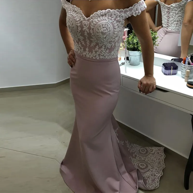 Fuera del hombro Vestidos de noche Apliques Con cuentas Vestidos de fiesta de noche formales Nueva llegada Desnudo Rosa Mujeres Trompeta Sirena Vestido