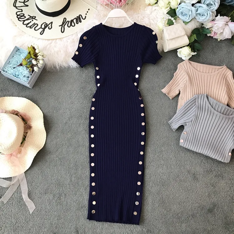 New design women's fashion o-neck short sleeve thread knitted bodycon tunic double breasted patchwork knee length pencil dress
