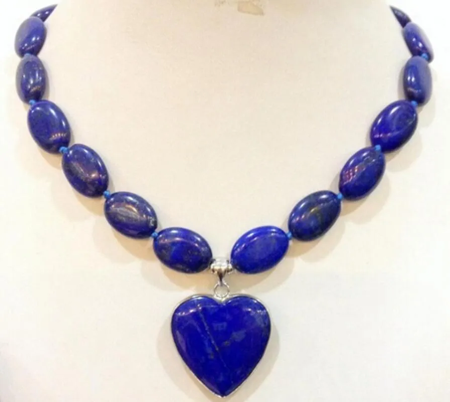 Natural New13x18mm Natural Lapis Lazuli Oval Love Pendant Necklace 18 "