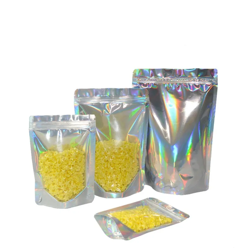 100pcs Holographic Clear on Front Zip Lock Standing Packaging Bags Coffee and Dry Food Packing Pouches Resealable Cookies Storage Daypack