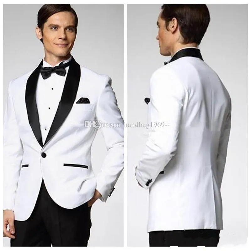 High Quality One Button White Groom Tuxedos Shawl Lapel Groomsmen Mens Suits Wedding/Prom/Dinner Blazer (Jacket+Pants+Tie) K376