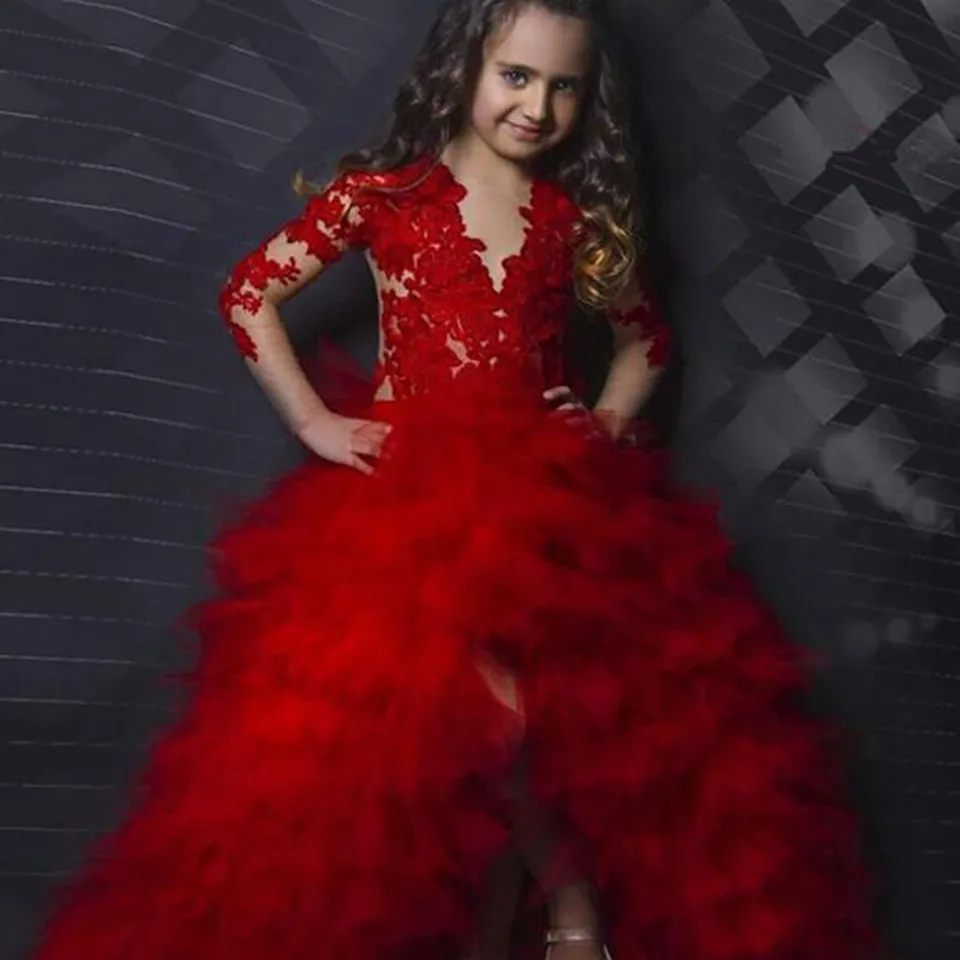 Kızlar Pageant Elbiseler Gençler Için Koyu Kırmızı Dantel Aplikler Uzun Kollu Yüksek Düşük Katmanlı Ruffles Boyutu 13 Parti Çocuk Çiçek Kız Önlükler
