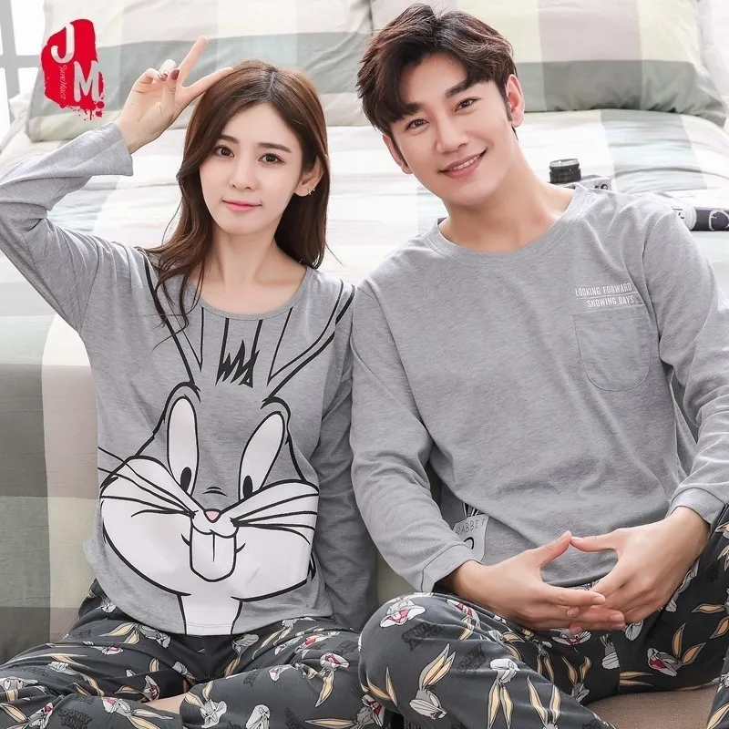 Couple Pajamas Set Spring And Autumn 100% Cotton Cartoon Women Pyjamas Plus Size M-3XL Long Sleeve Sleepwear Men Lounge Pijama V191213