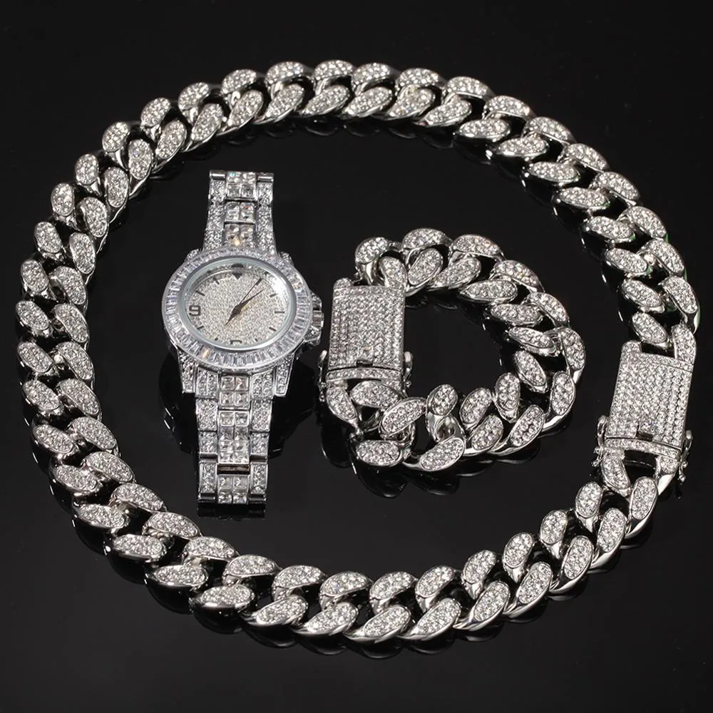 3 pçs / set Mens Hip Hop Iced Out Bling Chains Colar Pulseiras Assista Cuban Link Chains Colares Hiphop Jóias Sets243h