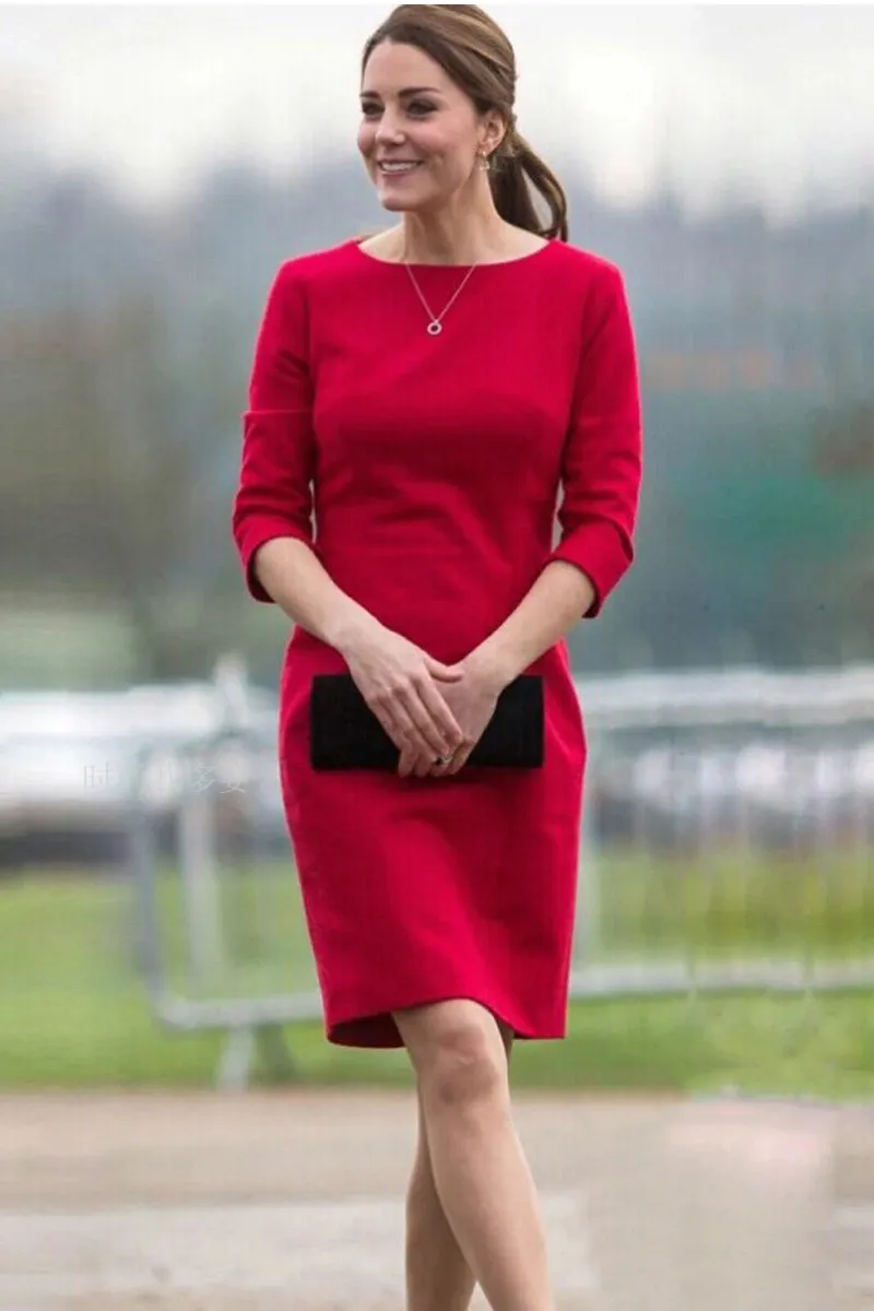 Kate Middleton Luksusowe Kobiety Princess Dress Red 3/4 Rękaw Party Sukienki Celebrity 1282