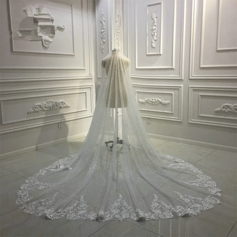 2020 glitter uma camada frisada 3m longa catedral véus de casamento applique macio tulle nupcial véu acessórios de casamento com pente