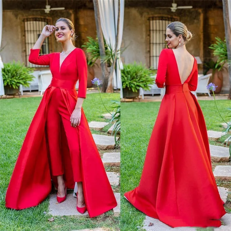 Prom Party Formal Jumpsuit With Train Stain V-neck Long Sleeve Backless Dubai Arabic Evening Pant Dress Wear