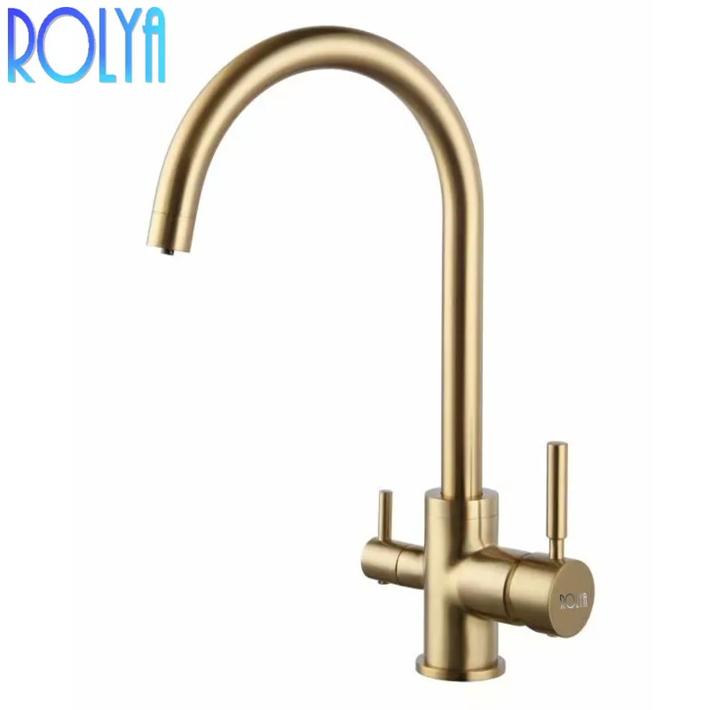 Rolya Ronda Modern Solid Brass Matte Black/Chrome/Brushed Golden Tri Flow Kitchen Faucet Sink Mixer 3 Way Water Filter Tap