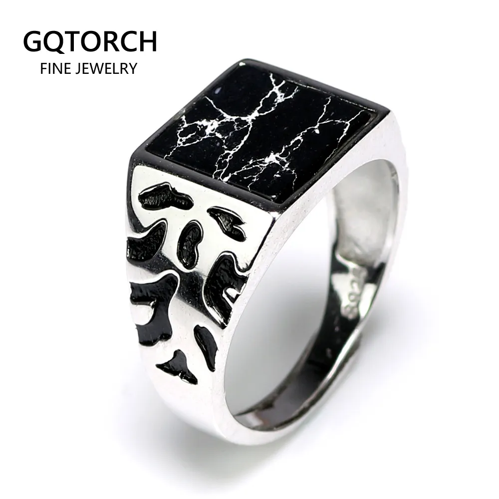 925 Sterling Silver Vintage Mäns Ringar Justerbar Square Shaped Black Stone Flower Pattern Design Male Turkiet Smycken