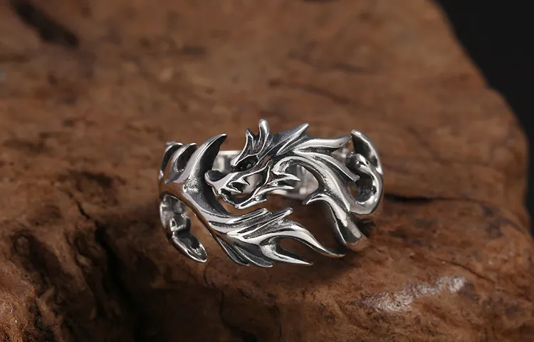 925 Sterling Silver iniziale promessa coppia anello regolabile gioielli uomo donna Hollow Flame dragon anello di fidanzamento2347