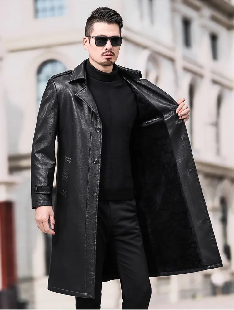 Mens Vintage Style Long Leather Trench Coat - Classic Warm