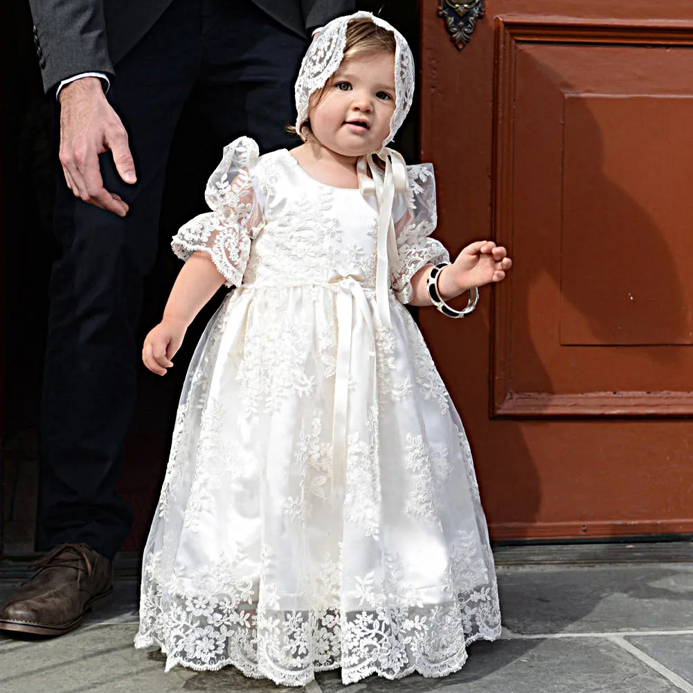 Bodenlanges Vintage-Taufkleid für Babys, halbärmeliges Taufkleid, Erstkommunionkleidung mit Mütze