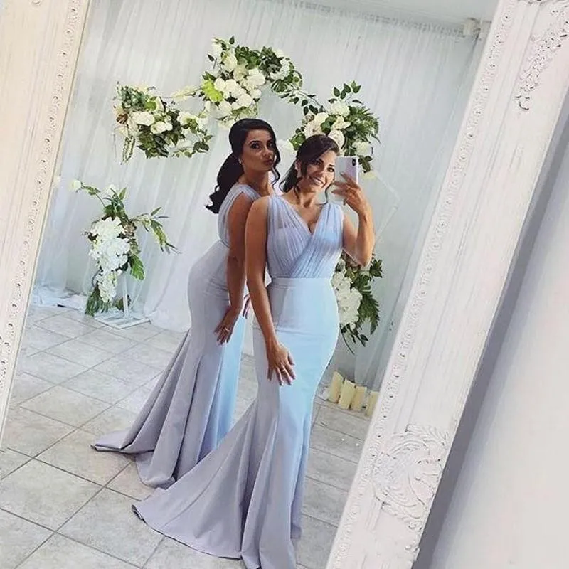 Blue Satin Mermaid Dusty Lavender Bridesmaid Dresses With V Neck