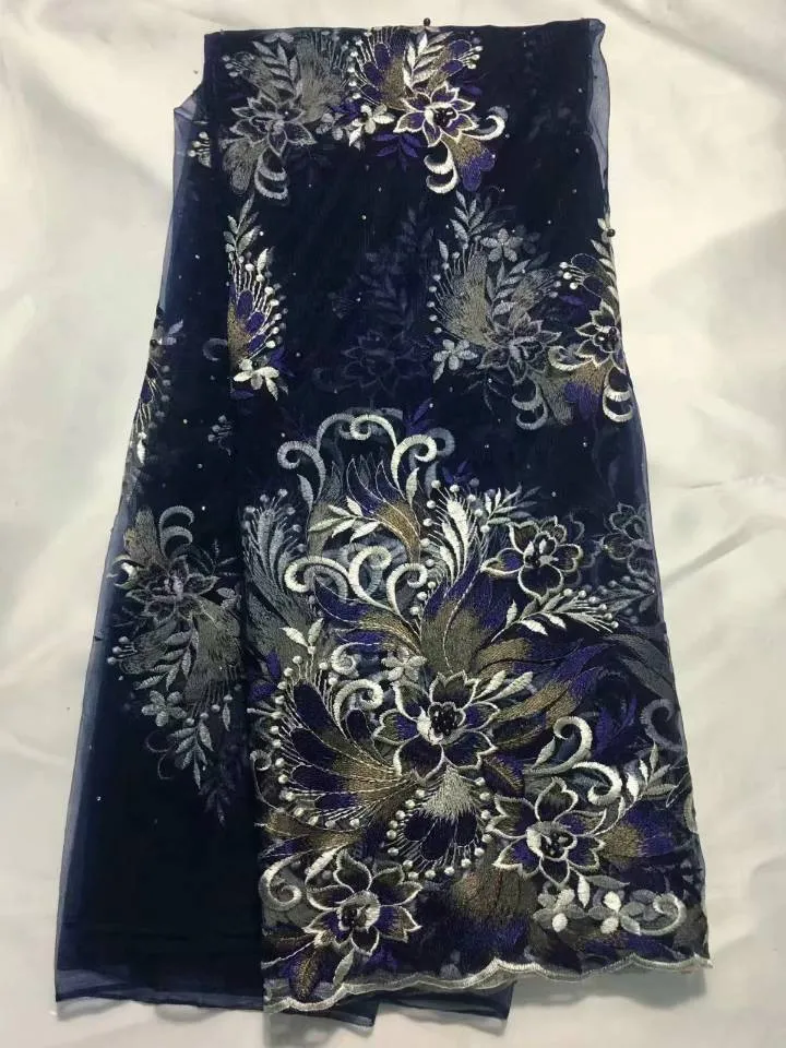 5Yards / pc 드레스 QN80-4에 대 한 구슬 꽃 자 수 아프리카 메쉬 레이스와 함께 가장 인기있는 깊고 푸른 프랑스 그물 레이스 직물