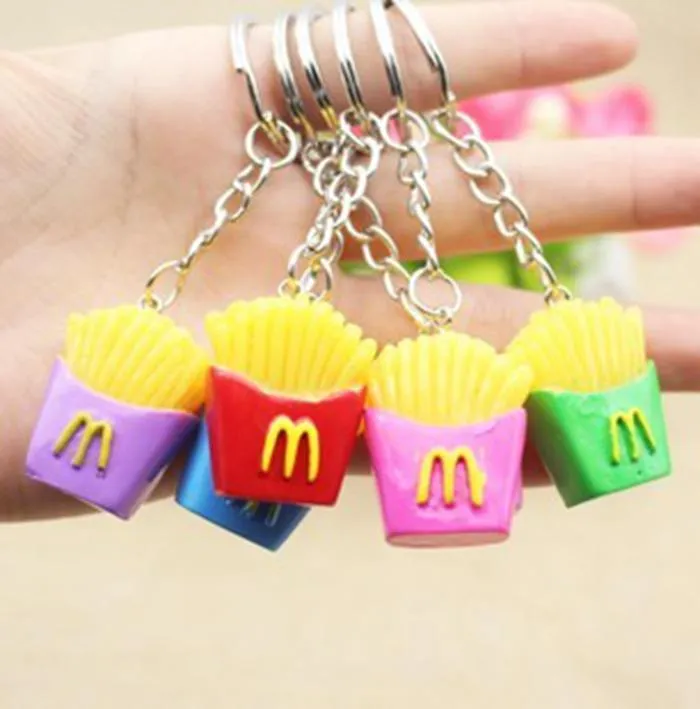 30pcs Creative personnalisé porte-clés bibelots Mini Simulation alimentaire frites porte-clés chaîne bijoux sac pendentif à breloque mixte Colo256E