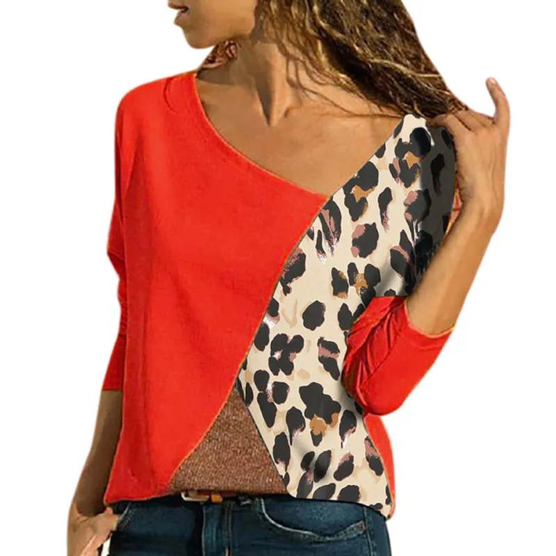 プラスサイズのヒョウパッチワークブラウスの女性のシャツカラーブロック長袖秋冬の基本的な女性のトップスとブラウス5xl SJ1585M MX190711