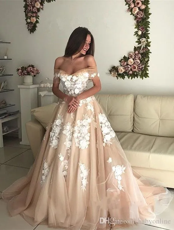 Champagne Lace Applique Wedding Dress Off Shoulder Backless Lace-Up Back  Chapel Train Bridal Gown from Dhgate A-Line Wedding Dresses - price 310.7
