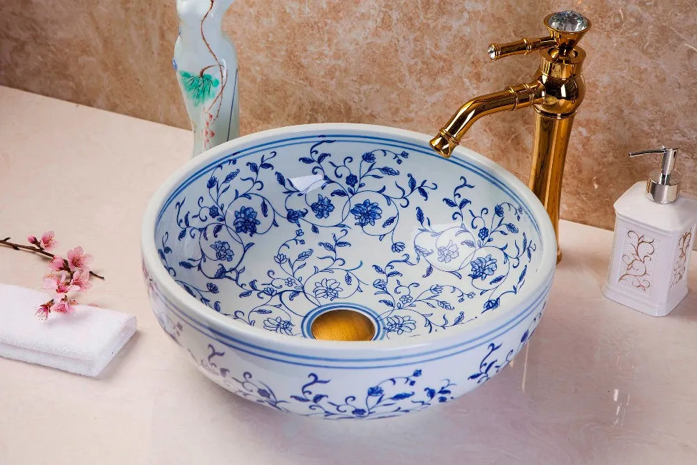 Китайский jingdezhen Art Counter Top Ceramic Blue и белая ручная роспись керамическая раковина