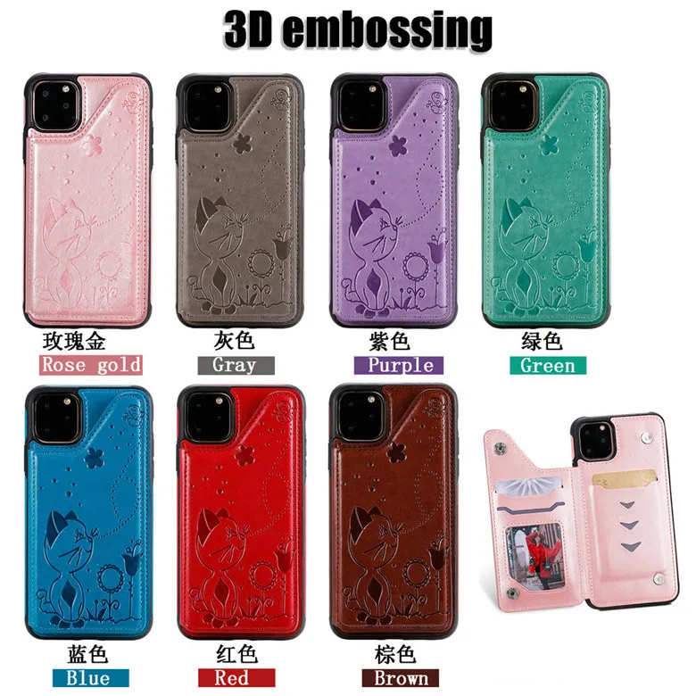 3D Animal Print Folio Portefeuille en cuir végétalien Coque de protection Double fentes pour cartes Support Holster Couverture arrière pour iPhone 11 Pro Samsung Note10 S10